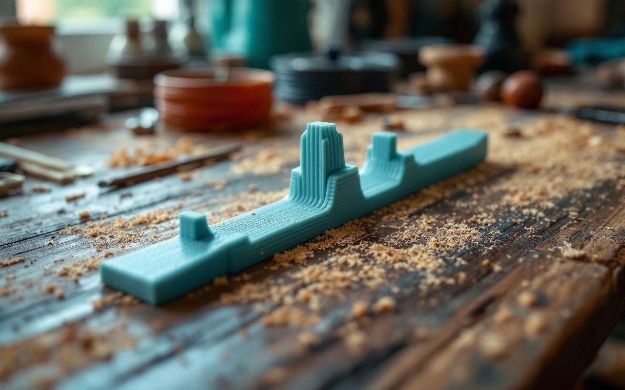 Gros plan d'un chevalet de violon imprim&eacute; en 3D pos&eacute; sur un &eacute;tabli en bois us&eacute;, entour&eacute; d'outils de luthier, chutes de filament et copeaux, avec les couches d'impression et d&eacute;tails de surface visibles, &eacute;clairage naturel doux venant d'une fen&ecirc;tre, tons bleus et verts.