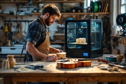 luthier-dans-son-atelier-un-etabli-en-bois-avec-une-imprimante-3d-en-cours-dimpression-dune-piece-de-violon-une-partie-de-violon-posee-sur-la-table-outils-manuels-et-copeaux-de-bois-eparpille