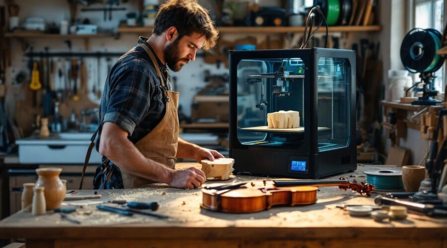 luthier-dans-son-atelier-un-etabli-en-bois-avec-une-imprimante-3d-en-cours-dimpression-dune-piece-de-violon-une-partie-de-violon-posee-sur-la-table-outils-manuels-et-copeaux-de-bois-eparpille