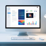 Poste de travail moderne avec écran d’ordinateur présentant une interface abstraite d’intelligence artificielle générative, un document visuel, une image et des graphiques colorés.