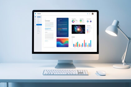 Poste de travail moderne avec écran d’ordinateur présentant une interface abstraite d’intelligence artificielle générative, un document visuel, une image et des graphiques colorés.