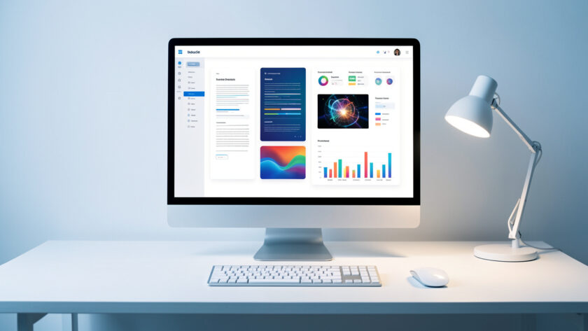 Poste de travail moderne avec écran d’ordinateur présentant une interface abstraite d’intelligence artificielle générative, un document visuel, une image et des graphiques colorés.