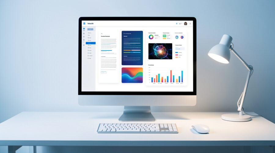 Poste de travail moderne avec écran d’ordinateur présentant une interface abstraite d’intelligence artificielle générative, un document visuel, une image et des graphiques colorés.