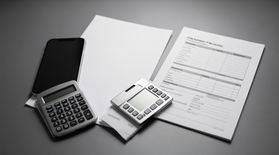 Smartphone haut de gamme posé près de documents de financement vierges et d’une calculatrice, dans une ambiance sobre de presse technologique.