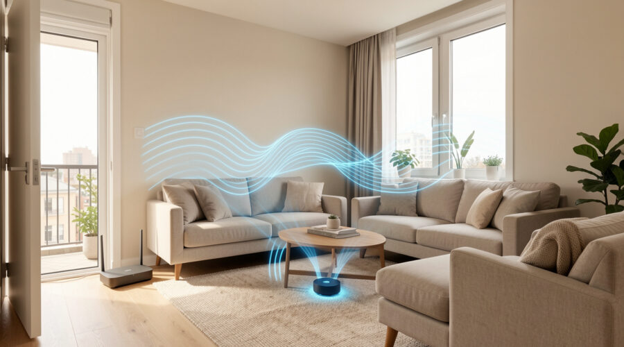 Studio moderne montrant une box Wi-Fi près de l’entrée et un répéteur placé au centre de la pièce pour améliorer la couverture sans fil.