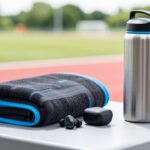 Écouteurs sans fil de sport noirs et bleus avec leur boîtier de recharge, posés près d’une serviette et d’une gourde sur un banc de salle de sport.
