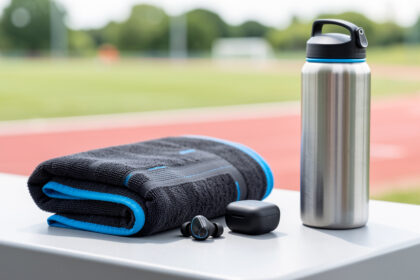 Écouteurs sans fil de sport noirs et bleus avec leur boîtier de recharge, posés près d’une serviette et d’une gourde sur un banc de salle de sport.
