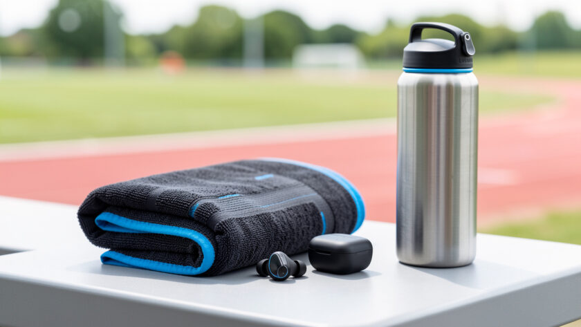 Écouteurs sans fil de sport noirs et bleus avec leur boîtier de recharge, posés près d’une serviette et d’une gourde sur un banc de salle de sport.