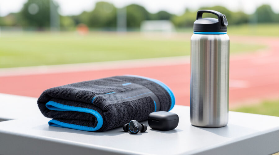 Écouteurs sans fil de sport noirs et bleus avec leur boîtier de recharge, posés près d’une serviette et d’une gourde sur un banc de salle de sport.