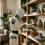 Robot humanoïde blanc rangeant soigneusement des objets sur une étagère dans un salon réel éclairé par la lumière naturelle.
