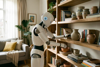 Robot humanoïde blanc rangeant soigneusement des objets sur une étagère dans un salon réel éclairé par la lumière naturelle.