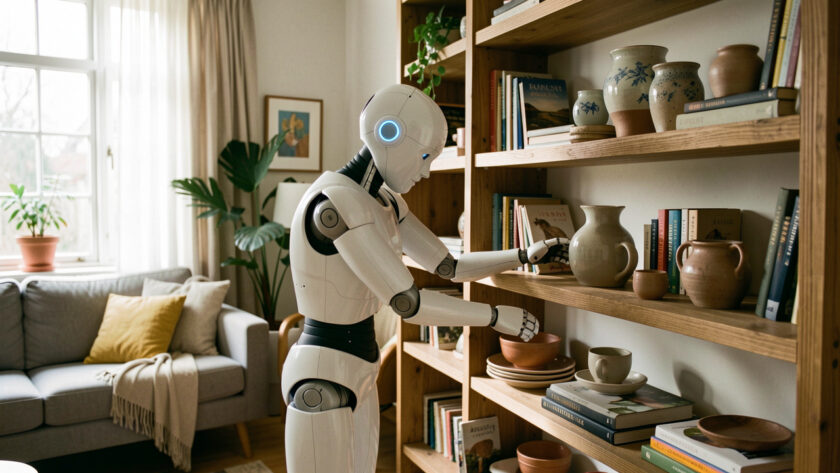 Robot humanoïde blanc rangeant soigneusement des objets sur une étagère dans un salon réel éclairé par la lumière naturelle.