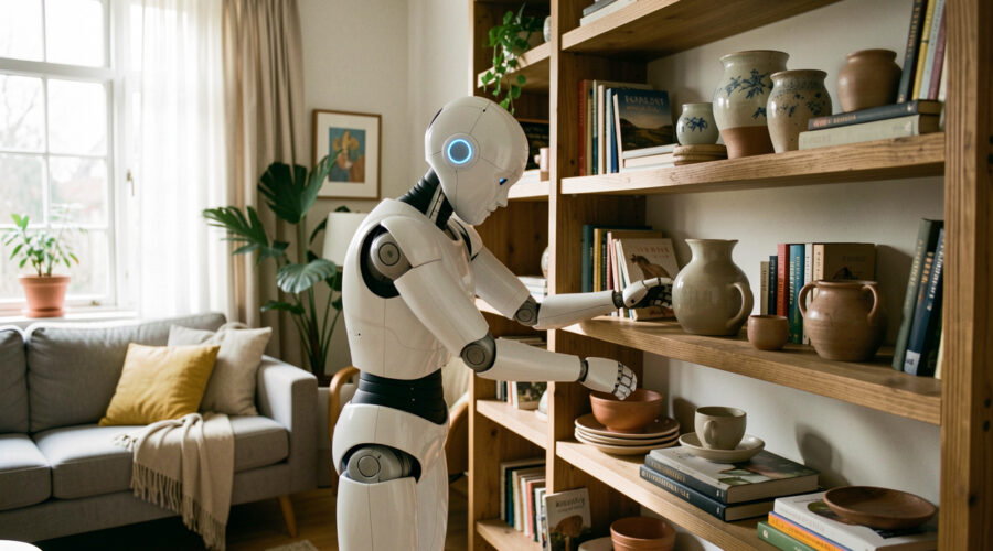Robot humanoïde blanc rangeant soigneusement des objets sur une étagère dans un salon réel éclairé par la lumière naturelle.