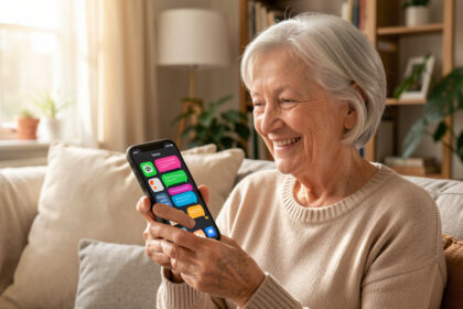 Une femme âgée souriante utilise un smartphone simple dans un salon lumineux et chaleureux.