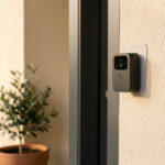Sonnette connectée sans fil installée discrètement près de la porte d’un appartement en location avec un support amovible.