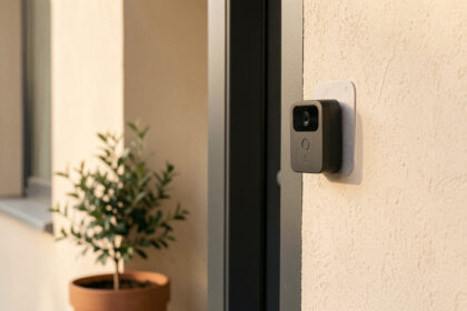 Sonnette connectée sans fil installée discrètement près de la porte d’un appartement en location avec un support amovible.