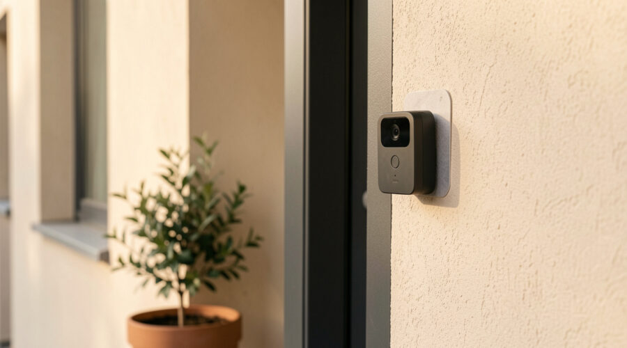Sonnette connectée sans fil installée discrètement près de la porte d’un appartement en location avec un support amovible.