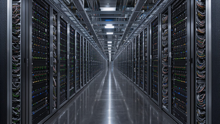 Vue réaliste d’un centre de données moderne consacré à l’intelligence artificielle, avec des rangées de serveurs GPU, des câbles organisés et un éclairage froid bleu et blanc.