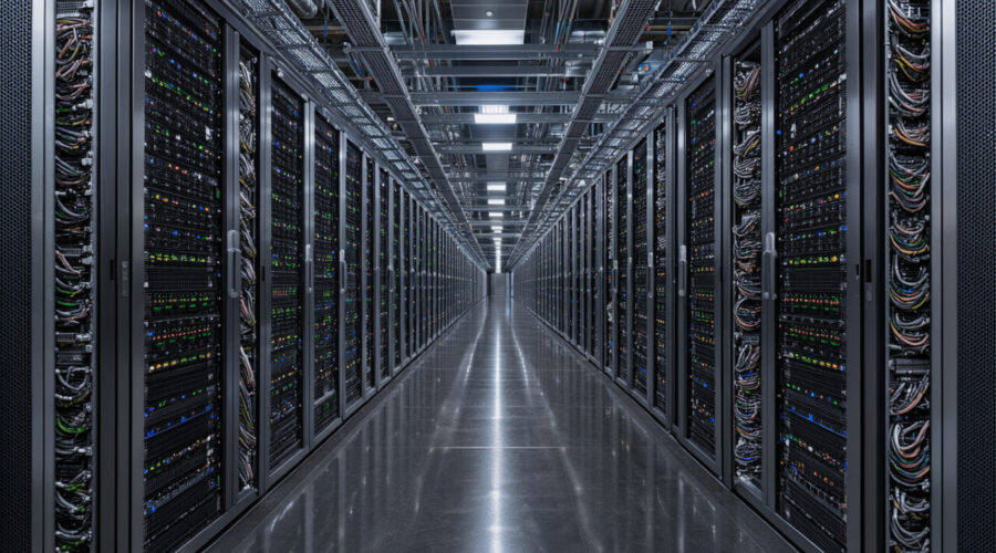 Vue réaliste d’un centre de données moderne consacré à l’intelligence artificielle, avec des rangées de serveurs GPU, des câbles organisés et un éclairage froid bleu et blanc.