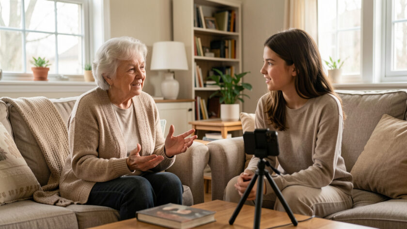 Une grand-mère raconte chaleureusement ses souvenirs à sa petite-fille dans un salon calme, avec un smartphone sur trépied et un microphone discret.