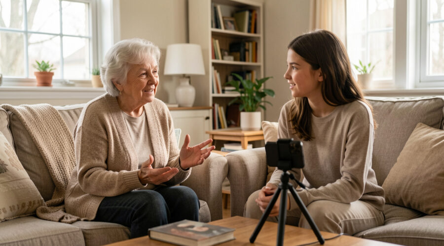 Une grand-mère raconte chaleureusement ses souvenirs à sa petite-fille dans un salon calme, avec un smartphone sur trépied et un microphone discret.