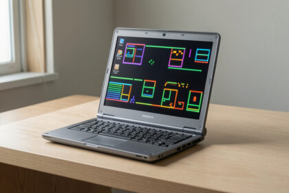 Mini-ordinateur japonais rétro ouvert sur un bureau, avec un châssis gris compact et un écran lumineux affichant une interface graphique colorée sans texte lisible.