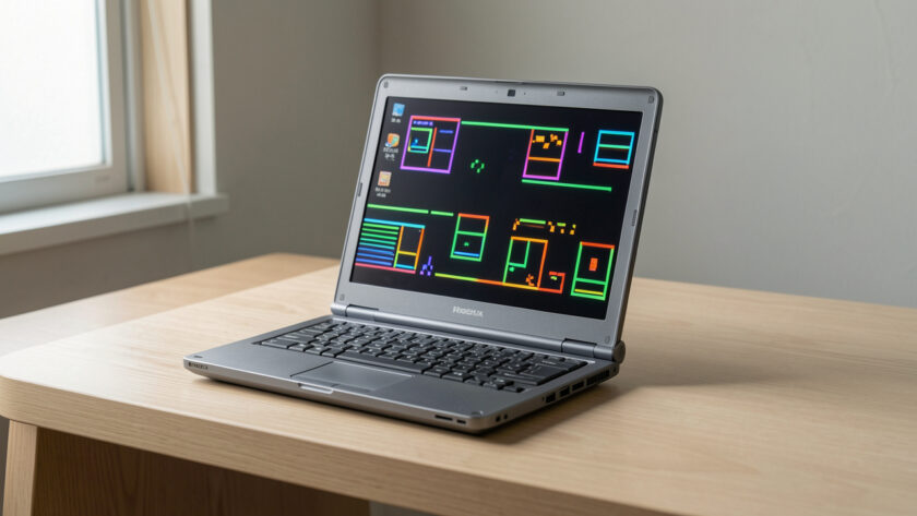 Mini-ordinateur japonais rétro ouvert sur un bureau, avec un châssis gris compact et un écran lumineux affichant une interface graphique colorée sans texte lisible.