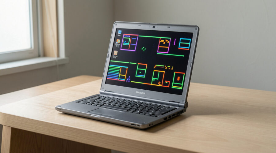 Mini-ordinateur japonais rétro ouvert sur un bureau, avec un châssis gris compact et un écran lumineux affichant une interface graphique colorée sans texte lisible.