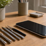Téléphone intelligent moderne posé sur un bureau en bois, entouré d’outils de précision, d’une petite plante verte et éclairé par une douce lumière naturelle.