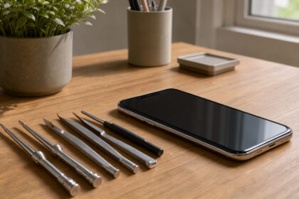 Téléphone intelligent moderne posé sur un bureau en bois, entouré d’outils de précision, d’une petite plante verte et éclairé par une douce lumière naturelle.