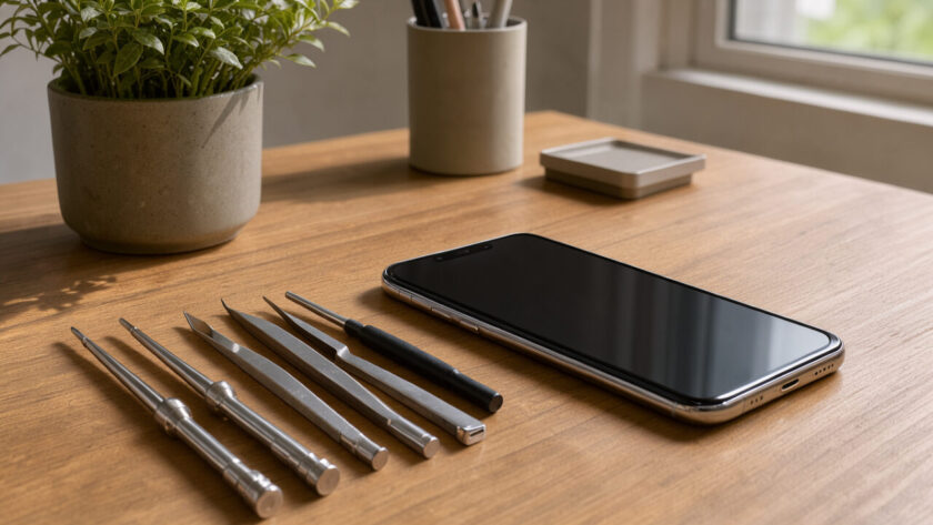 Téléphone intelligent moderne posé sur un bureau en bois, entouré d’outils de précision, d’une petite plante verte et éclairé par une douce lumière naturelle.