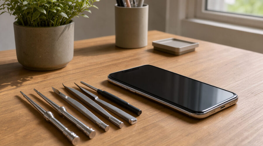 Téléphone intelligent moderne posé sur un bureau en bois, entouré d’outils de précision, d’une petite plante verte et éclairé par une douce lumière naturelle.
